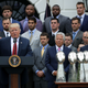 President Donald Trump delivers remarks while hosting the New England Patriots and team owner Robert Kraft during a celebration of the team’s Super Bowl victory on the South Lawn at the White House April 19, 2017 in Washington, D.C. It was the team’s fifth Super Bowl victory since 1960.